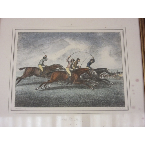 4290 - A set of four reproduction horse racing prints, a/f, a gilt framed oleograph of horses, embroidery o... 