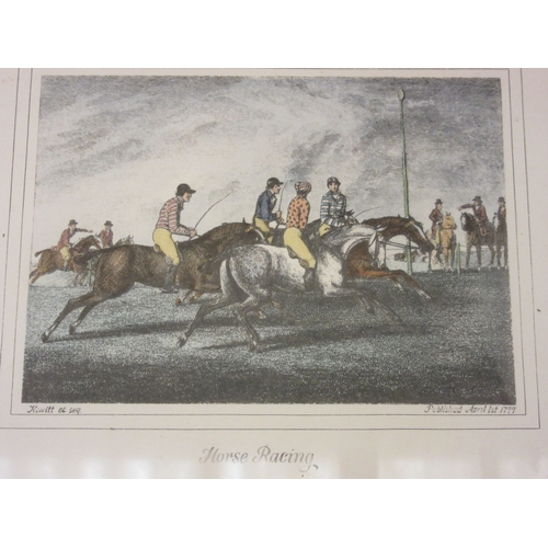 4290 - A set of four reproduction horse racing prints, a/f, a gilt framed oleograph of horses, embroidery o... 