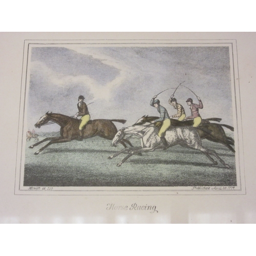 4290 - A set of four reproduction horse racing prints, a/f, a gilt framed oleograph of horses, embroidery o... 