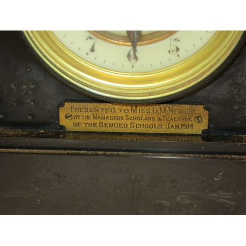 4293 - An early 20th Century British mantel clock, slate mantel clock with presentation plaque and a Timeca... 