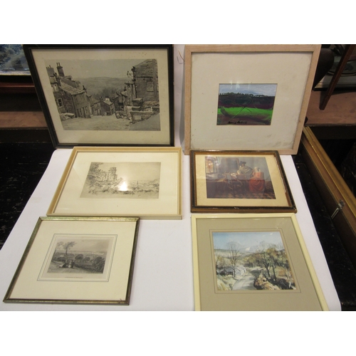 4434 - Six assorted pictures and prints including etching of Cambridge, pencil signed engraving etc.