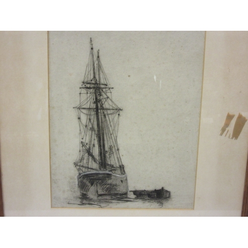 4442 - A framed charcoal drawing of a sailing boat (Ipswich schooner?), image 29cm x 22cm, together with a ... 