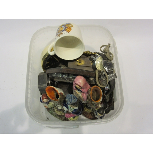 4449 - A box containing gentleman's wristwatches, clocks, thimbles, silver plated dishes, two Staffordshire... 