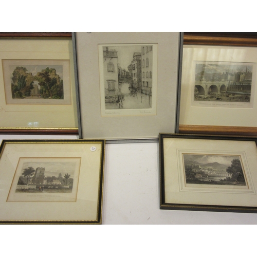 4457 - Five engravings and pencil pictures including Edinburgh and Venice, framed and glazed