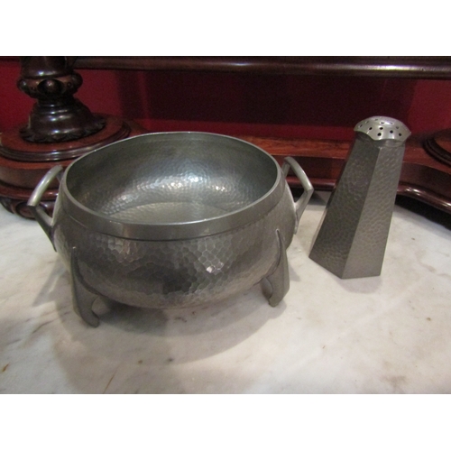 4043 - Two English Pewter items: footed twin handle bowl by Hutton, 23cm diameter, and J.T. & Co. faceted s... 