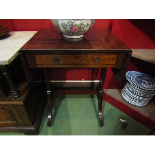 4048 - A Georgian mahogany occasional sofa table the rising leaves over a single drawer and faux, on outswe... 