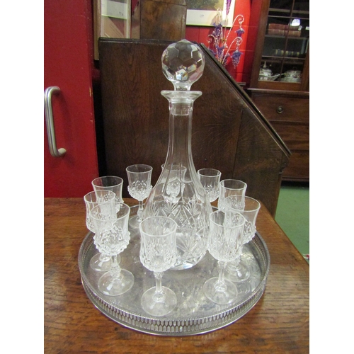 4103 - A pierced galleried silver plated tray, decanter and ten sherry glasses