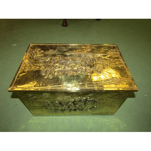 4107 - A brass coal box containing a quantity of brassware including unicorn figure, pestle and mortar, bel... 