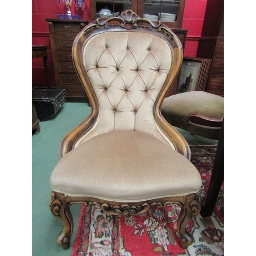 4185 - A Victorian spoon back armchair with button decoration over turned and tapering fore legs