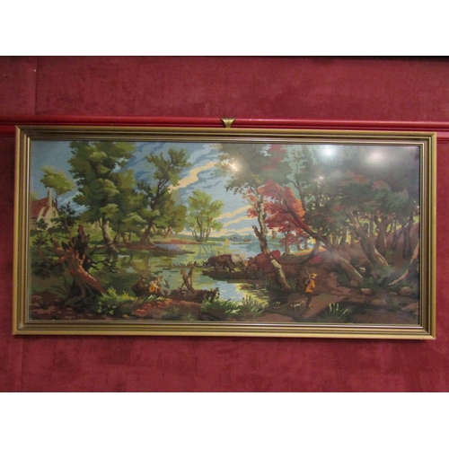 4198 - A 1970's tapestry of a river scene, framed and glazed, 108cm x 49cm