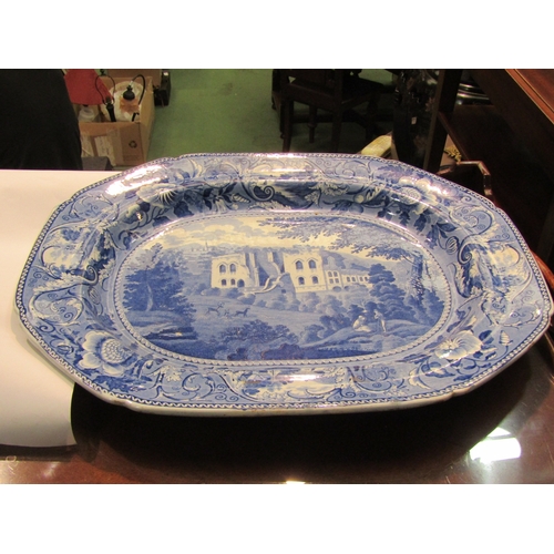 4222 - A Victorian blue and white meat platter, large chip to underside, 52cm long