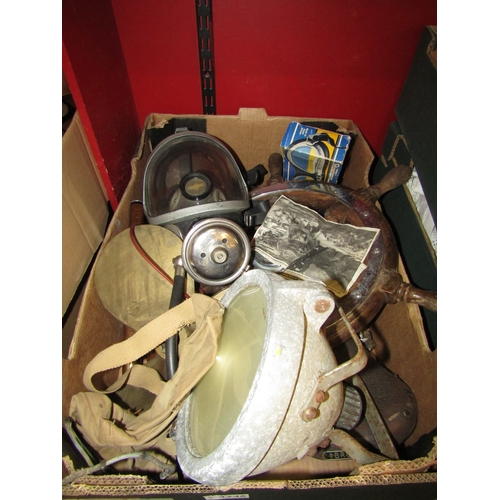 4246 - A box of miscellaneous including a brass propeller, ships wheel, two bicycle seats, walking sticks, ... 