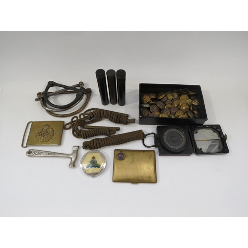 9160 - A box of various military badges and buttons together with a compass etc