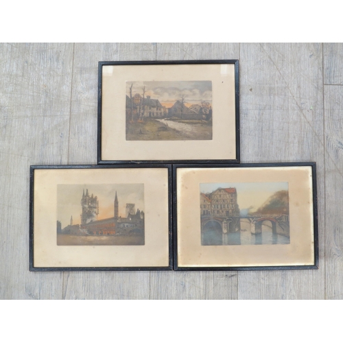 9165 - MARCEL AUGIS: Three WWI era hand-coloured etchings of war damage scenes including town hall, Ypres, ... 