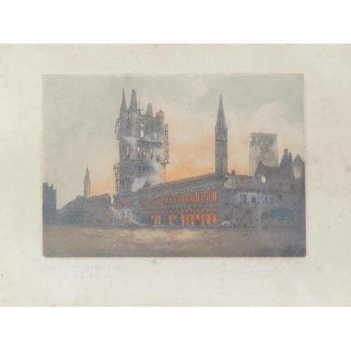 9165 - MARCEL AUGIS: Three WWI era hand-coloured etchings of war damage scenes including town hall, Ypres, ... 