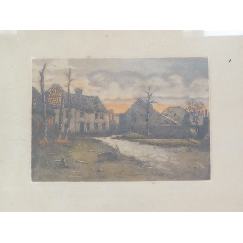 9165 - MARCEL AUGIS: Three WWI era hand-coloured etchings of war damage scenes including town hall, Ypres, ... 