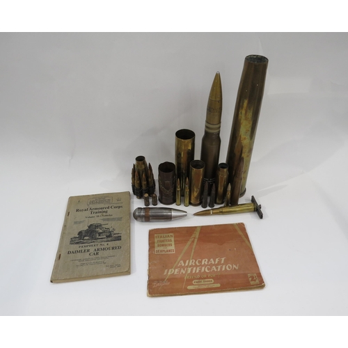 9172 - A quantity of military shell cases including 30mm dummy and Ypres trench art. Two booklets: Royal Ar... 