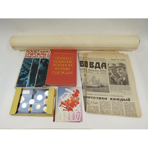 9181 - A quantity of Soviet ephemera including coins, 3rd October Revolution Celebration cards, five poster... 