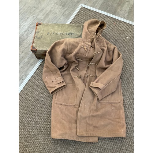 9012 - A WWII British Duffle coat together with a 1946 dated suitcase (2)