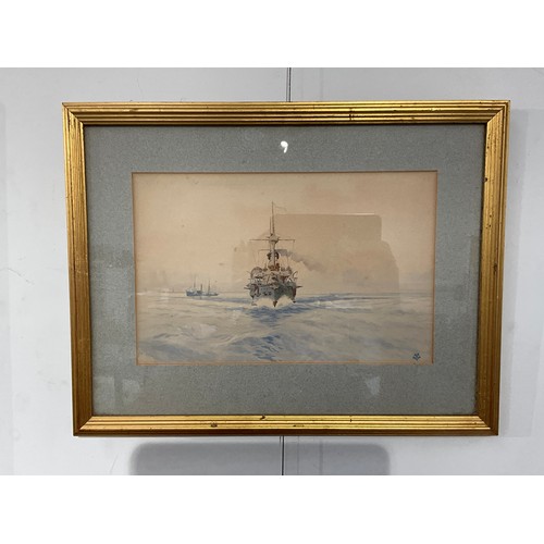 9058 - JEAN-LOUIS PAGUENAUD (1876-1952): A watercolour of naval battleship in calm waters, monogrammed lowe... 