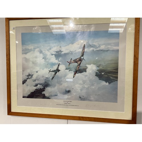 9069 - A print after Robert Taylor 'Duel of Eagles', signed by Adolf Galland and Douglas Bader, faded signa... 