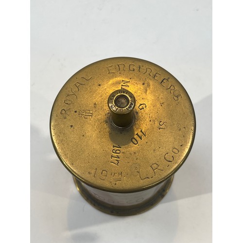 9378 - A WWI trench art shell case container 'Royal Engineers 19th L.R. Co.' and 'From Fred to Cliff 1919' ... 