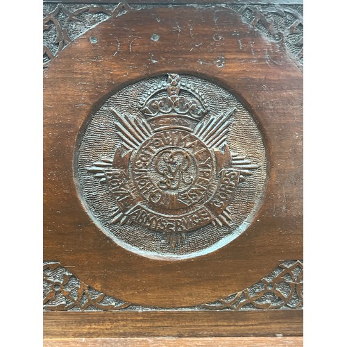 9387 - A carved hardwood trinket box with Royal Army Service Corps crest carved to inside of lid, 26cm wide