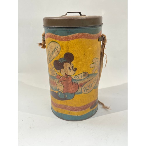 9394 - A WWII scarce Mickey Mouse gas mask case, multi-coloured lithographed tinplate case of cylindrical f... 