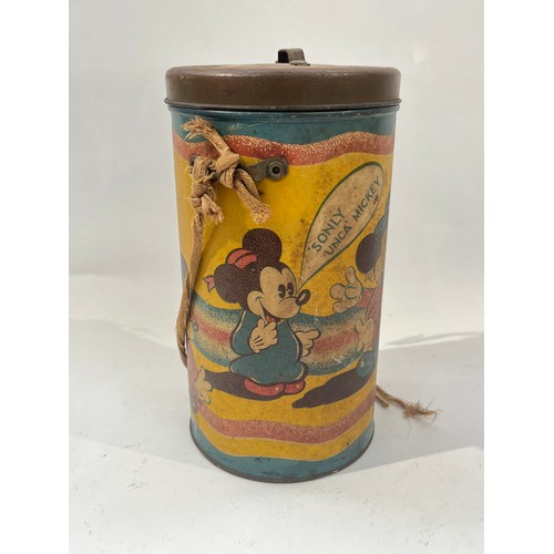 9394 - A WWII scarce Mickey Mouse gas mask case, multi-coloured lithographed tinplate case of cylindrical f... 