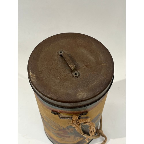 9394 - A WWII scarce Mickey Mouse gas mask case, multi-coloured lithographed tinplate case of cylindrical f... 