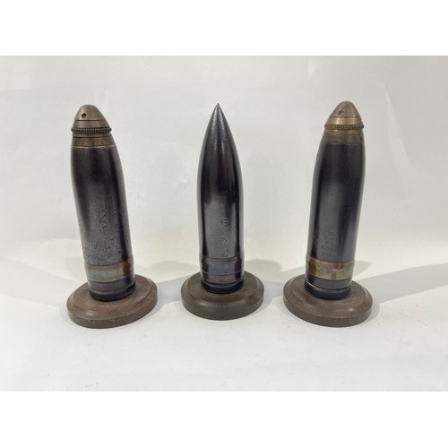 9397 - Three WWI projectiles / shell heads marked III 2PR F.S. V LTD. C 2-16, III 2PR F.S. H.C & S 1915 and... 