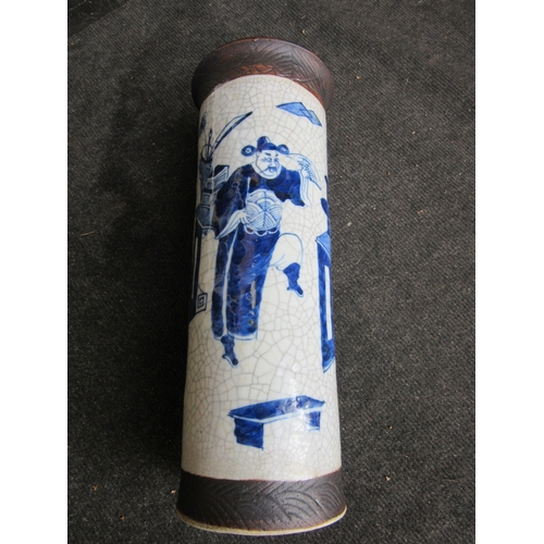 1183 - A Chinese 20th Century blue and white cylindrical vase with figural design, A/F - hairline cracks, b... 