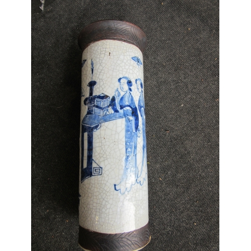 1183 - A Chinese 20th Century blue and white cylindrical vase with figural design, A/F - hairline cracks, b... 