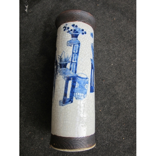 1183 - A Chinese 20th Century blue and white cylindrical vase with figural design, A/F - hairline cracks, b... 