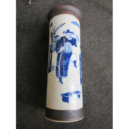 1183 - A Chinese 20th Century blue and white cylindrical vase with figural design, A/F - hairline cracks, b... 