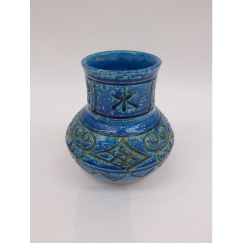 7012 - A Bitossi Rimini Blu glazed ceramic vase with impressed detail. 16.3cm high