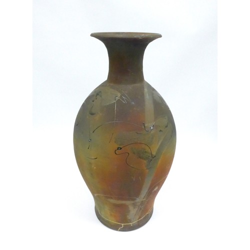 7112 - An Eeles Family Pottery large baluster form raku vase with burnished copper hues, applied gold and b... 