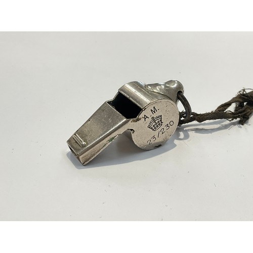 9525 - A WWII Royal Air Force (RAF) aircrew issue whistle, plate on brass thunderer type with Air Ministry ... 