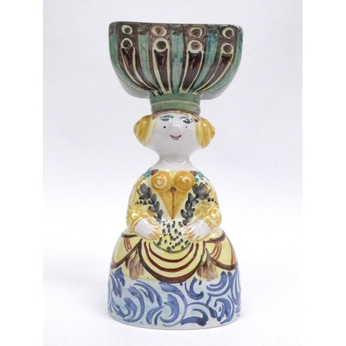 7197 - BJORN WIINBLAD (Danish 1918-2006)  A pottery figure of a Woman with retangular vessel above, hand pa... 