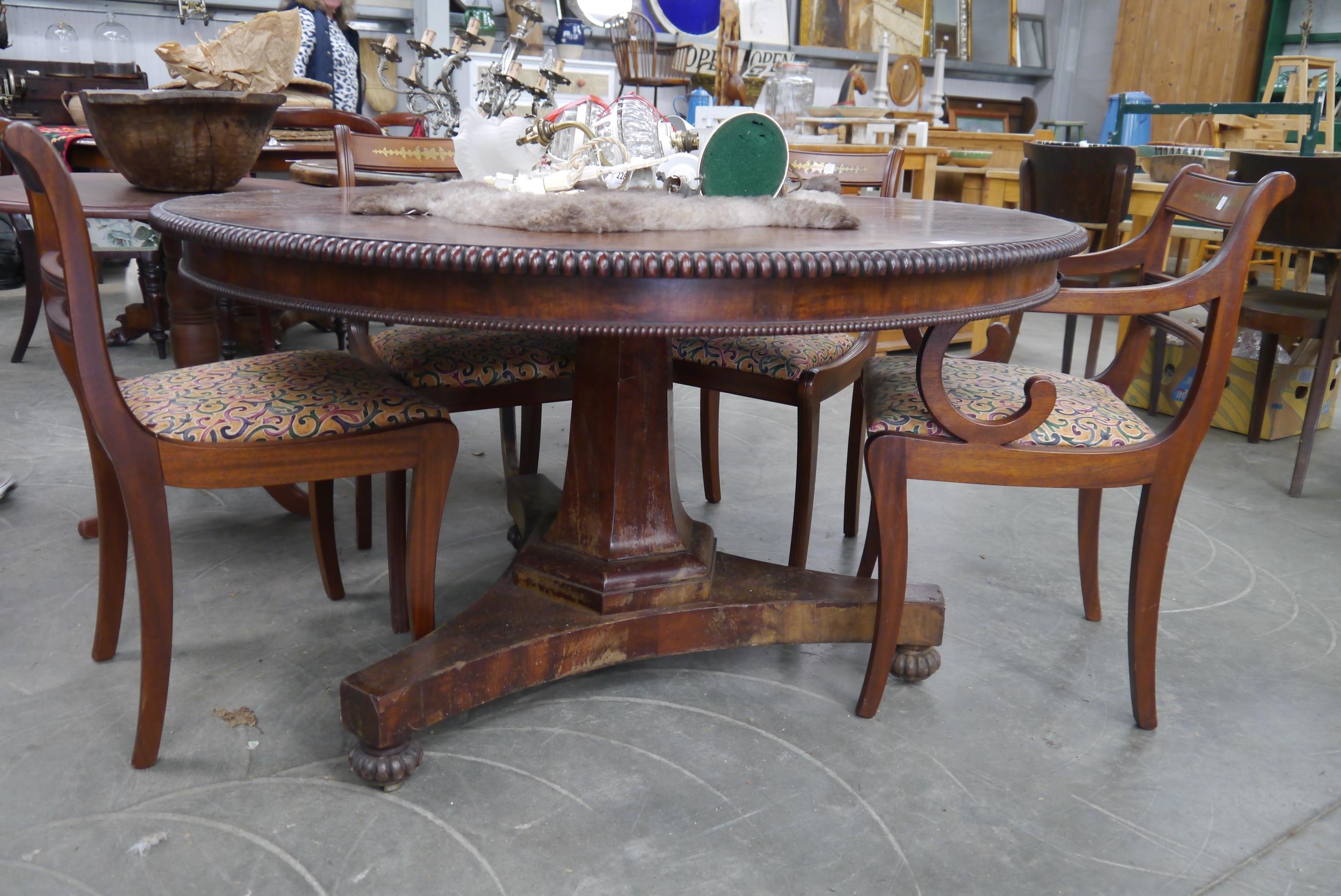 A Regency flame mahogany tilt top breakfast table with beaded detail