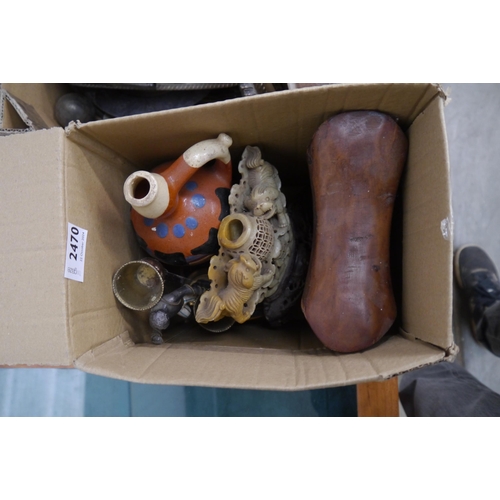 2470 - A box of odds including terracotta jug, lacquered box etc