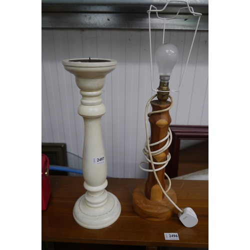 2497 - A mixed wood table lamp with a candle stand