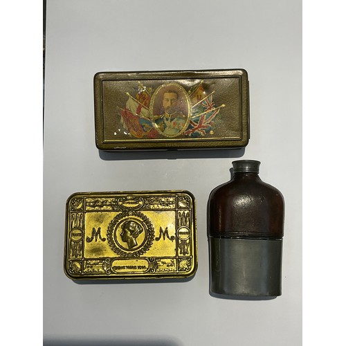 9545 - A WWI brass Princess Mary gift tin together with a trench art bullet letter opener, a royal tin and ... 