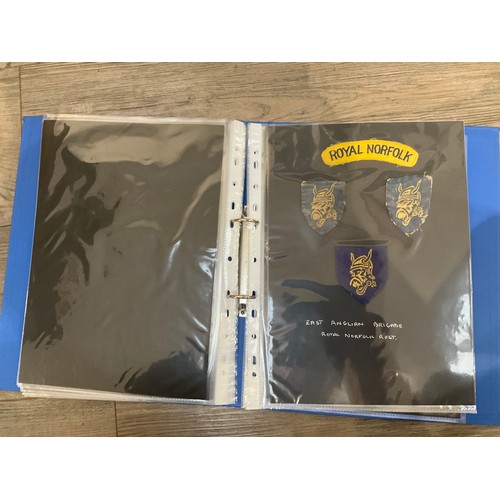 9543 - A folder of Norfolk Regiment and Royal Norfolk insignia including affiliated badges, Home Guard, sho... 