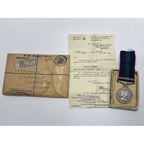 9504 - An Elizabeth II General Service Medal (GSM) with Cyprus clasp awarded to 23328699 PTE. BARRY STEPHEN... 