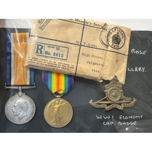 9443 - LOCAL INTEREST: A WWI pair of medals named to 135190 GNR. F. ROSE R.A., together with box of issue a... 