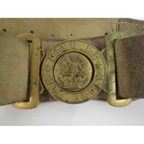 9244 - A Victorian British Army brass waist belt clasp on an original buff white leather belt