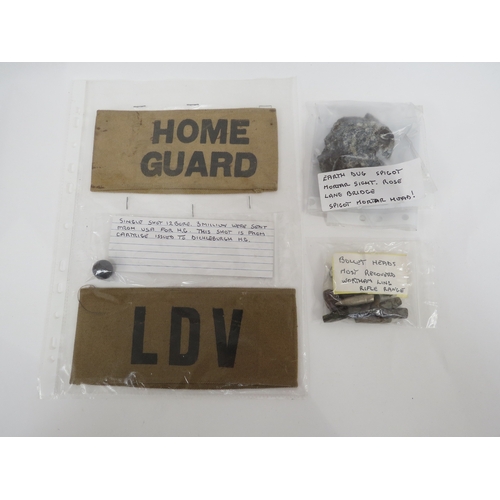 9254 - HOME GUARD INTEREST: A Home Guard armband, LDV armband, 12 bore single lead shot (one of 3 million s... 