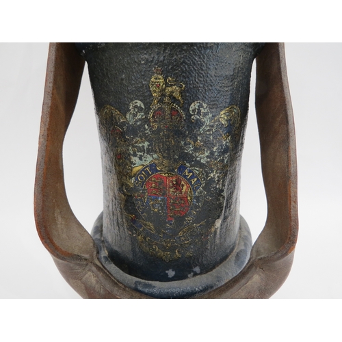 9268 - An early 20th Century shell carrier, with British coat of arms, painted in a dark blue, leather hand... 