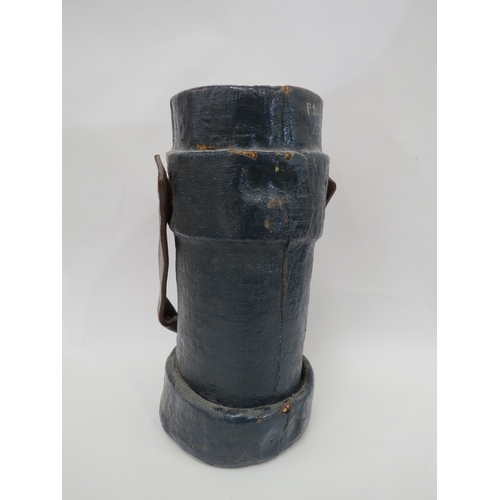 9268 - An early 20th Century shell carrier, with British coat of arms, painted in a dark blue, leather hand... 